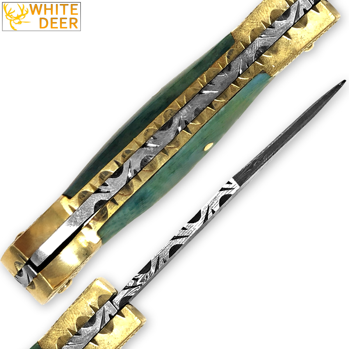 WHITE DEER Lockback Damascus Folding Knife Giraffe Bone Handle Engraved Bolster