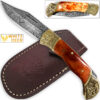 WHITE DEER Lockback Damascus Folding Knife Orange Giraffe Bone Handle Engraved Bolster