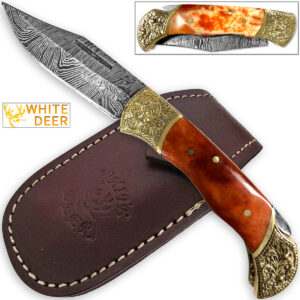 WHITE DEER Lockback Damascus Folding Knife Orange Giraffe Bone Handle Engraved Bolster