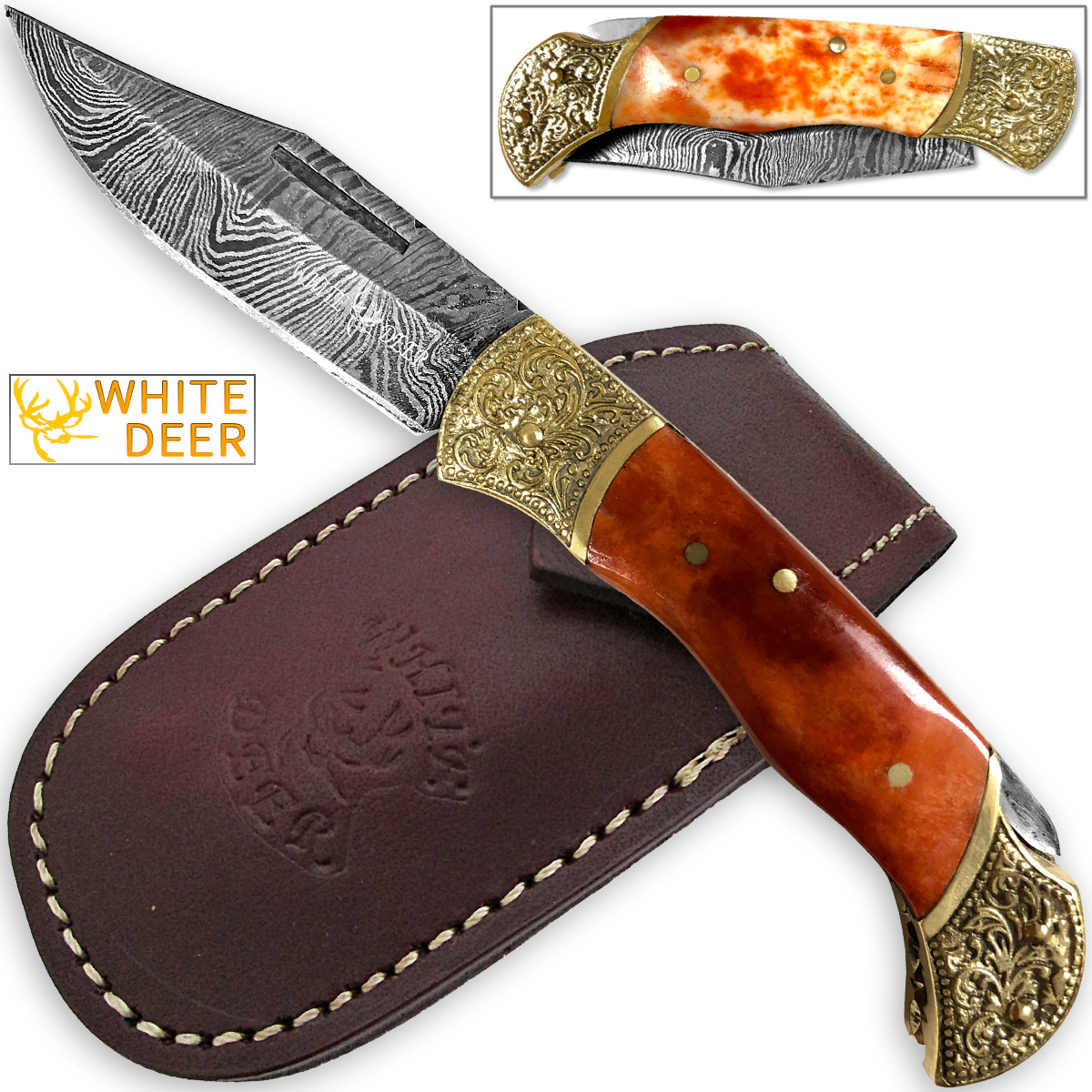 WHITE DEER Lockback Damascus Folding Knife Orange Giraffe Bone Handle Engraved Bolster