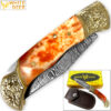 WHITE DEER Lockback Damascus Folding Knife Orange Giraffe Bone Handle Engraved Bolster