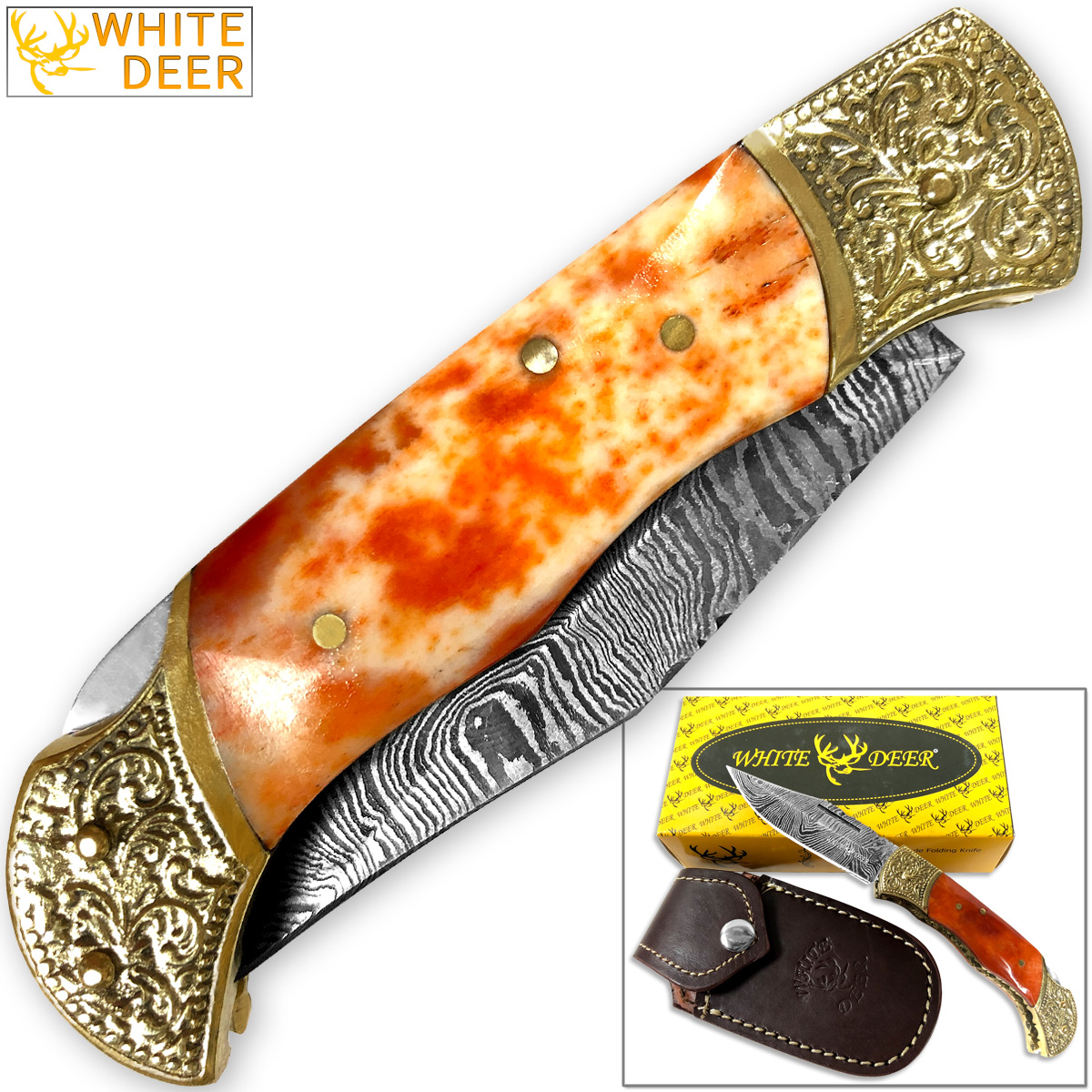 WHITE DEER Lockback Damascus Folding Knife Orange Giraffe Bone Handle Engraved Bolster