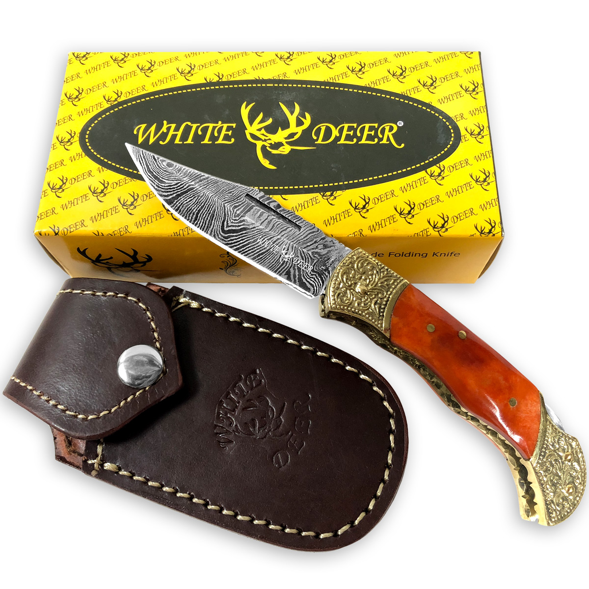 WHITE DEER Lockback Damascus Folding Knife Orange Giraffe Bone Handle Engraved Bolster