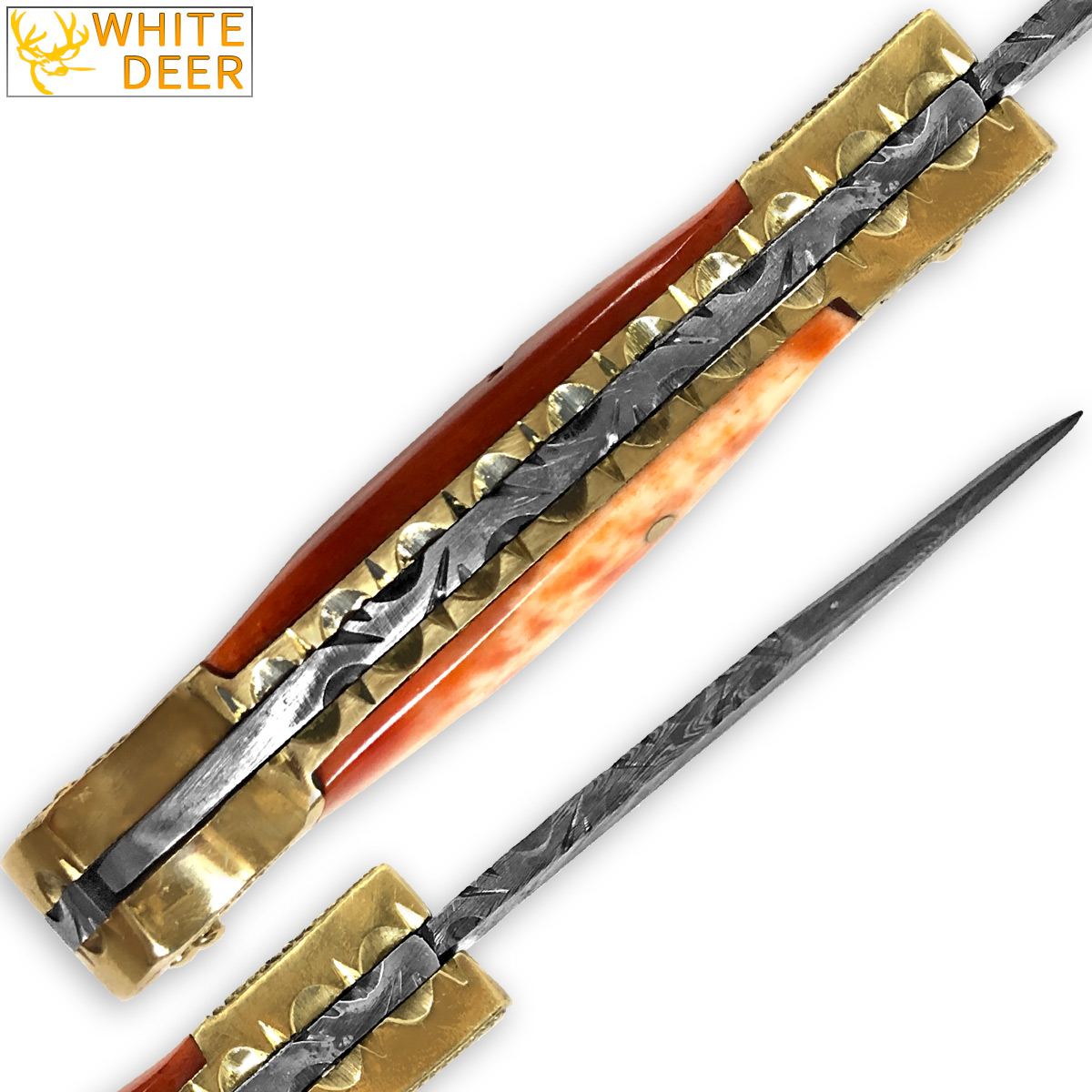 WHITE DEER Lockback Damascus Folding Knife Orange Giraffe Bone Handle Engraved Bolster