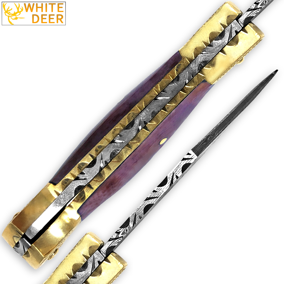WHITE DEER Lockback Damascus Folding Knife Purple Giraffe Bone Handle Engraved Bolster