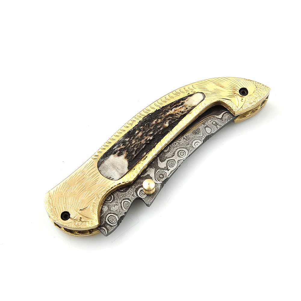 WHITE DEER Bird of Prey Damascus Folding Knife Genuine Brass & Stag Handle