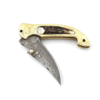 WHITE DEER Bird of Prey Damascus Folding Knife Genuine Brass & Stag Handle