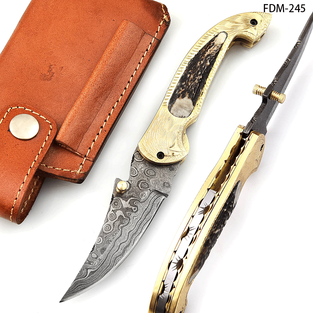 WHITE DEER Bird of Prey Damascus Folding Knife Genuine Brass & Stag Handle