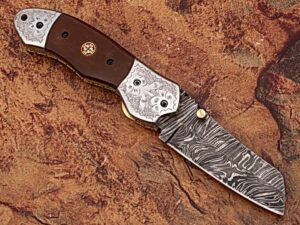 Signature Spay-Point Damascus Steel Folding Knife Micarta Wood Handle Unique Handmade