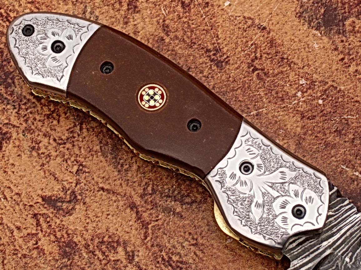 Signature Spay-Point Damascus Steel Folding Knife Micarta Wood Handle Unique Handmade