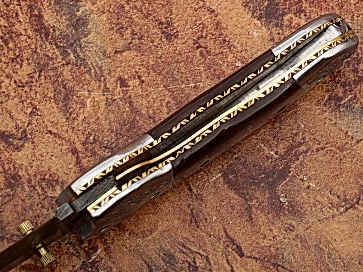 Signature Spay-Point Damascus Steel Folding Knife Micarta Wood Handle Unique Handmade