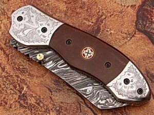 Signature Spay-Point Damascus Steel Folding Knife Micarta Wood Handle Unique Handmade