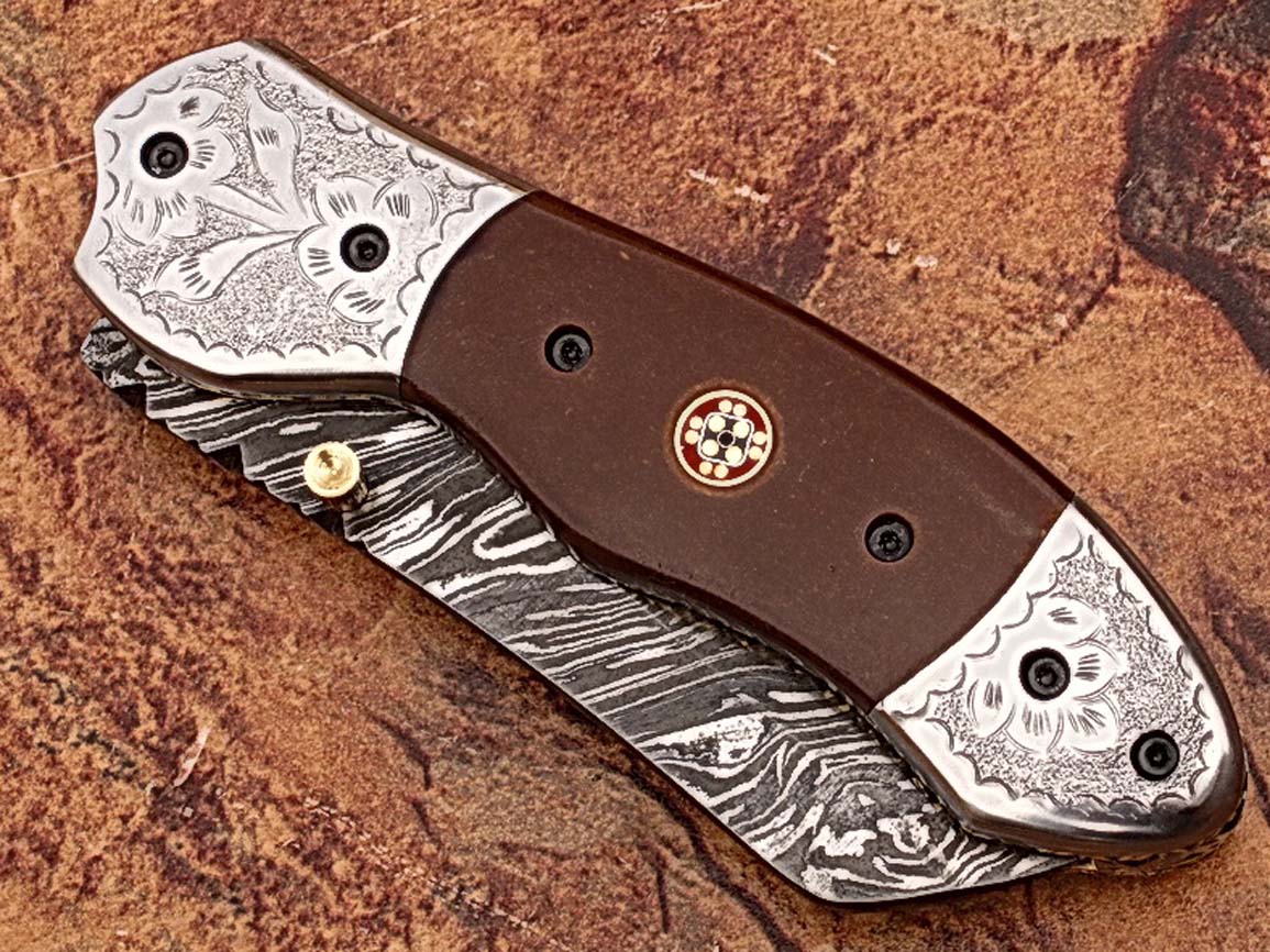 Signature Spay-Point Damascus Steel Folding Knife Micarta Wood Handle Unique Handmade