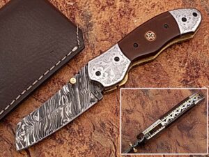 Signature Spay-Point Damascus Steel Folding Knife Micarta Wood Handle Unique Handmade