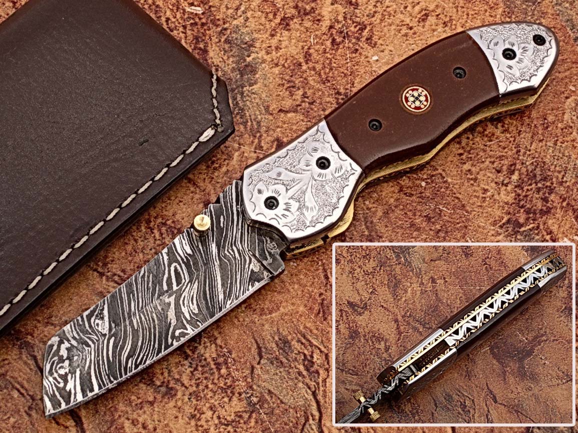 Signature Spay-Point Damascus Steel Folding Knife Micarta Wood Handle Unique Handmade
