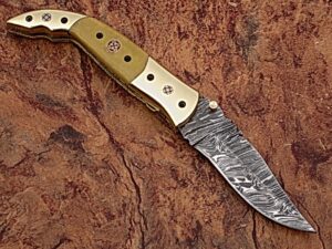 Executive Series Folding Damascus Gurkha Knife High-End Camel Bone w Brass