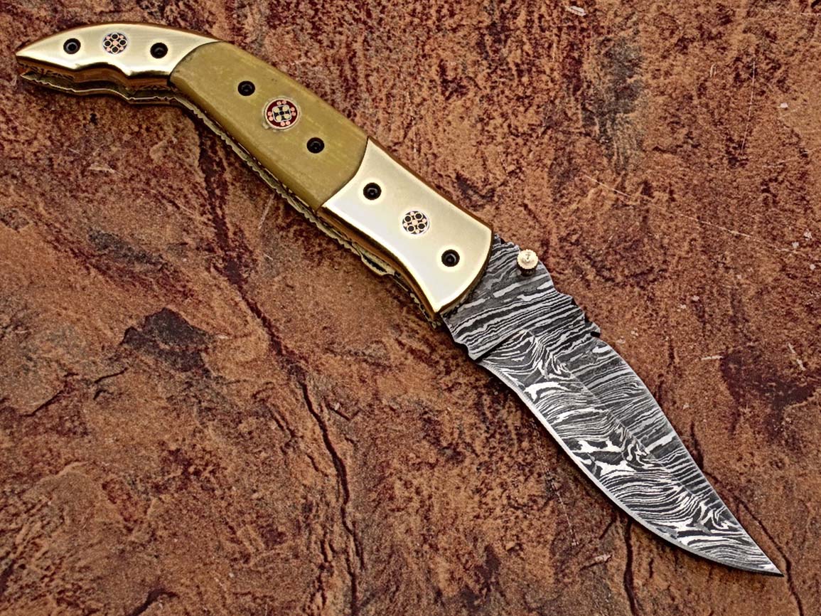 Executive Series Folding Damascus Gurkha Knife High-End Camel Bone w Brass