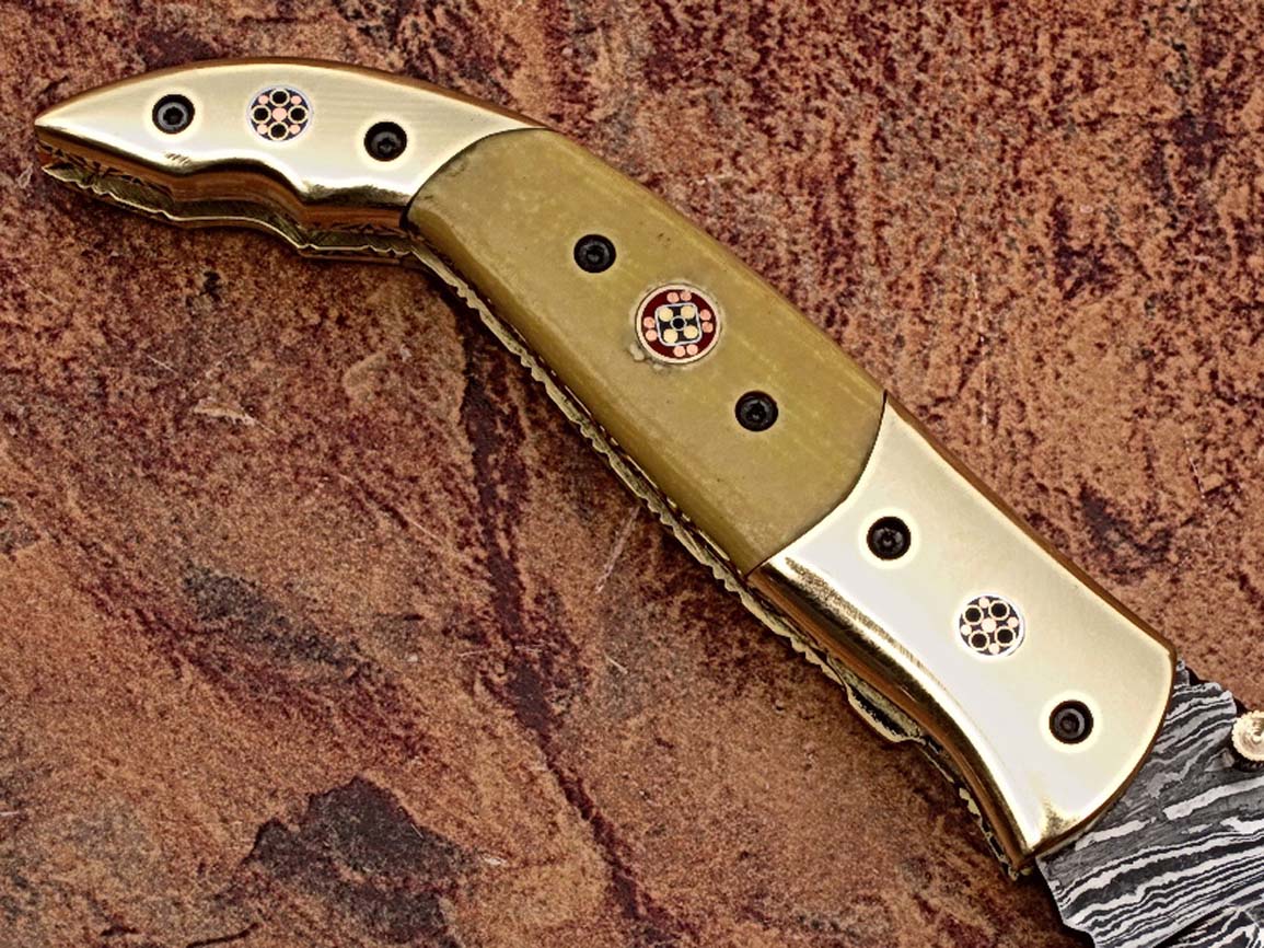 Executive Series Folding Damascus Gurkha Knife High-End Camel Bone w Brass
