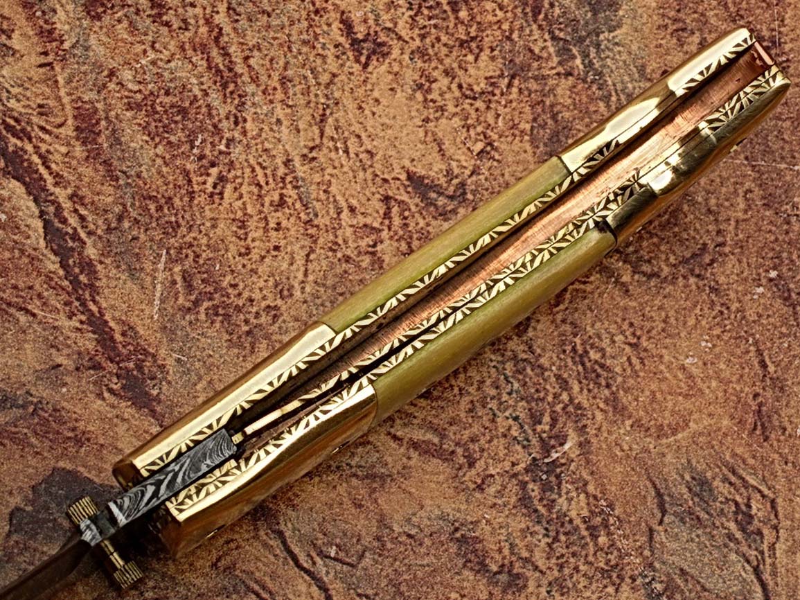 Executive Series Folding Damascus Gurkha Knife High-End Camel Bone w Brass