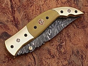 Executive Series Folding Damascus Gurkha Knife High-End Camel Bone w Brass