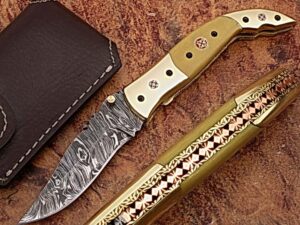 Executive Series Folding Damascus Gurkha Knife High-End Camel Bone w Brass
