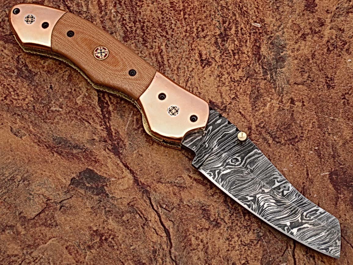 Executive Series Nesmuk Folding Damascus Knife Solid Copper Bolstered