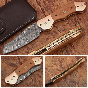 Executive Series Nesmuk Folding Damascus Knife Solid Copper Bolstered