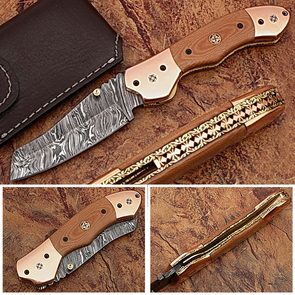 Executive Series Nesmuk Folding Damascus Knife Solid Copper Bolstered