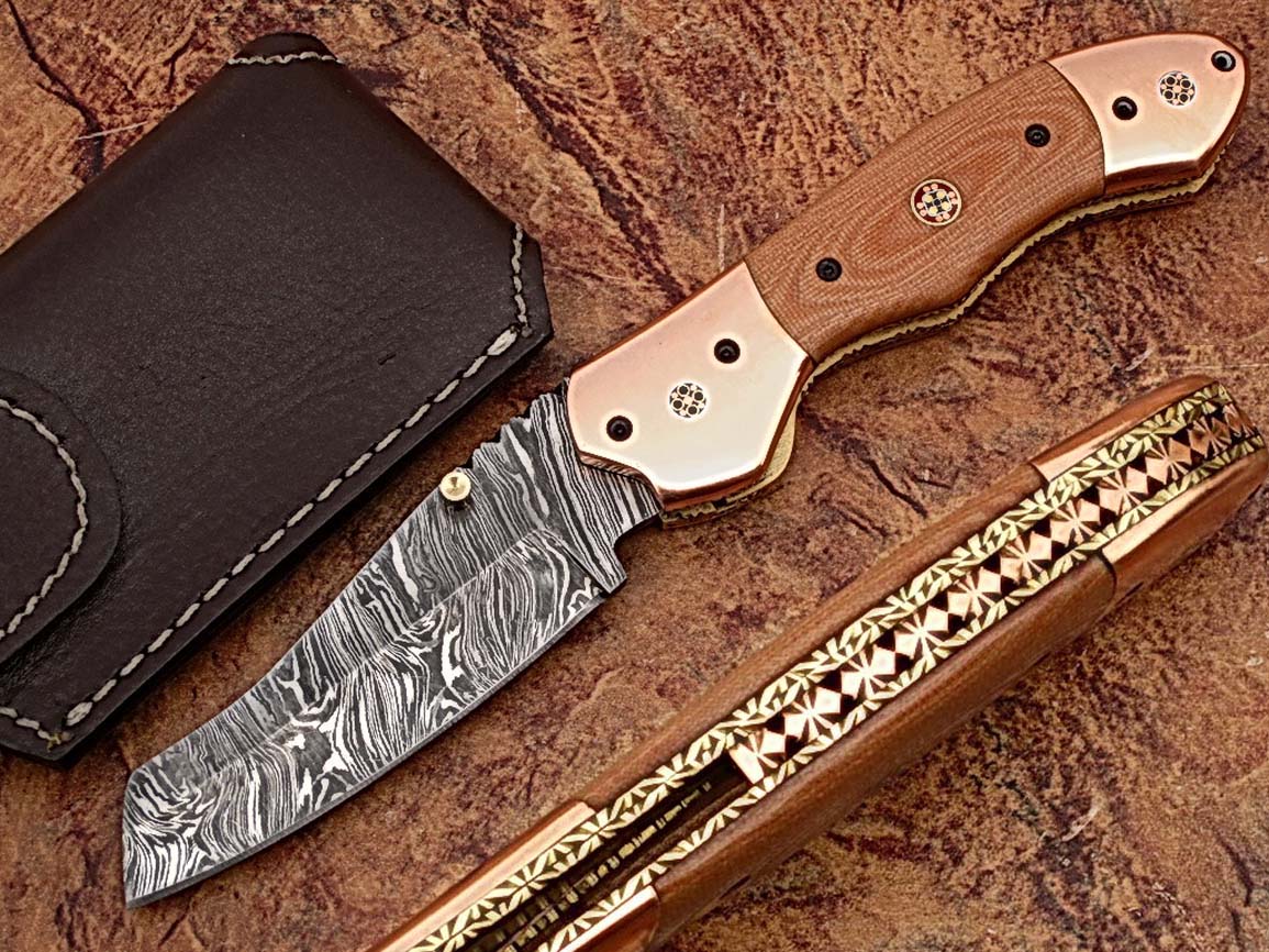 Executive Series Nesmuk Folding Damascus Knife Solid Copper Bolstered