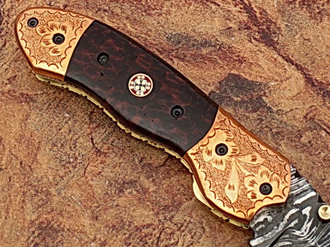 Executive Series ENGRAVED Nesmuk Folding Damascus Knife Rainwood w Solid Copper Bolstered
