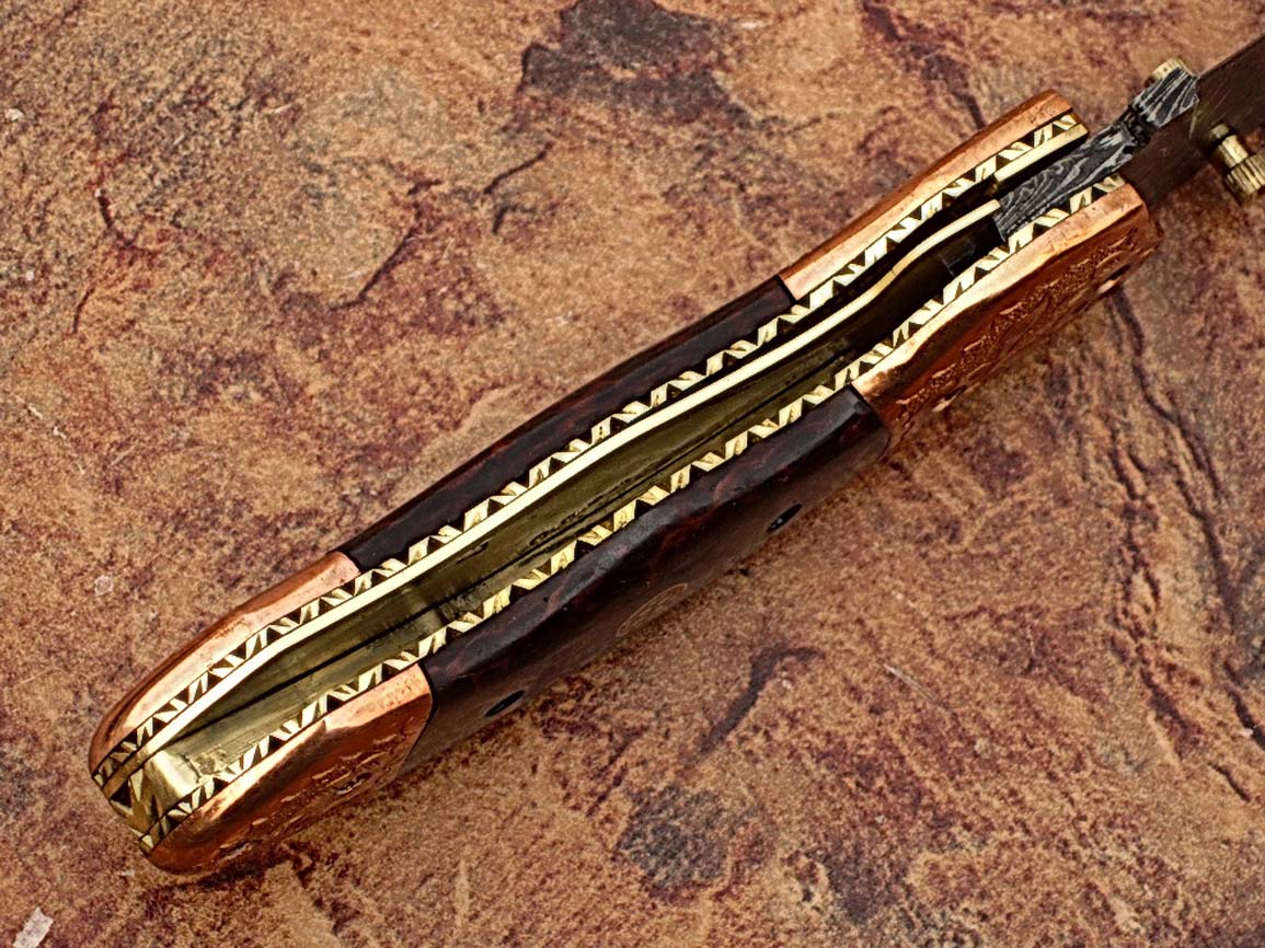 Executive Series ENGRAVED Nesmuk Folding Damascus Knife Rainwood w Solid Copper Bolstered