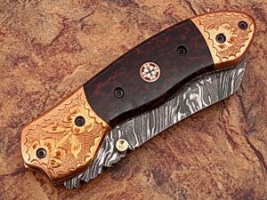 Executive Series ENGRAVED Nesmuk Folding Damascus Knife Rainwood w Solid Copper Bolstered