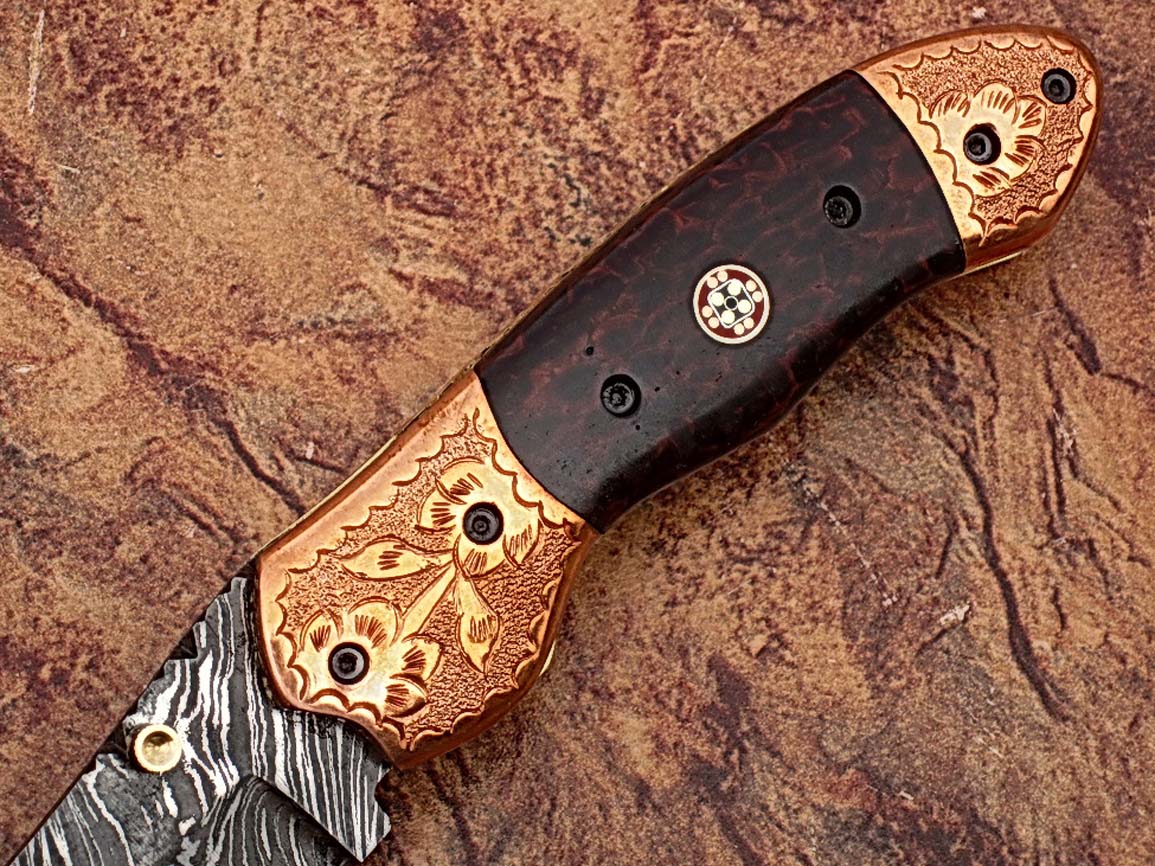 Executive Series ENGRAVED Nesmuk Folding Damascus Knife Rainwood w Solid Copper Bolstered