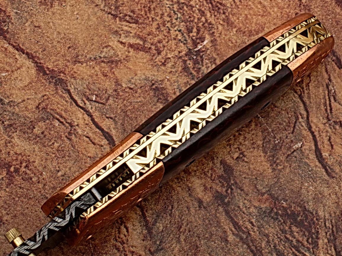 Executive Series ENGRAVED Nesmuk Folding Damascus Knife Rainwood w Solid Copper Bolstered