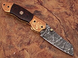 Executive Series ENGRAVED Nesmuk Folding Damascus Knife Rainwood w Solid Copper Bolstered