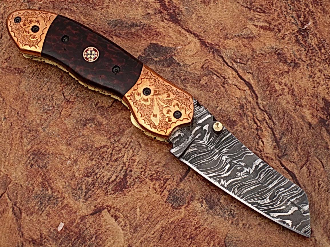 Executive Series ENGRAVED Nesmuk Folding Damascus Knife Rainwood w Solid Copper Bolstered