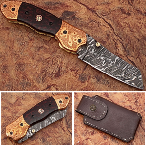 Executive Series ENGRAVED Nesmuk Folding Damascus Knife Rainwood w Solid Copper Bolstered
