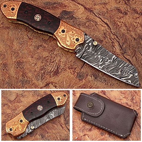 Executive Series ENGRAVED Nesmuk Folding Damascus Knife Rainwood w Solid Copper Bolstered