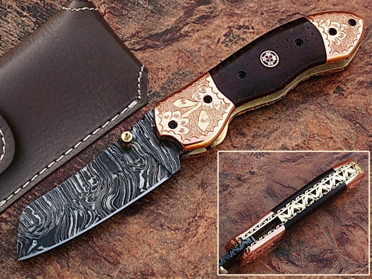 Executive Series ENGRAVED Nesmuk Folding Damascus Knife Rainwood w Solid Copper Bolstered