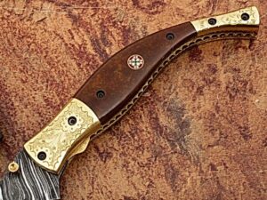 Executive Series Baekelite ENGRAVED Clip-Point Folding Damascus Knife Solid Brass Bolstered