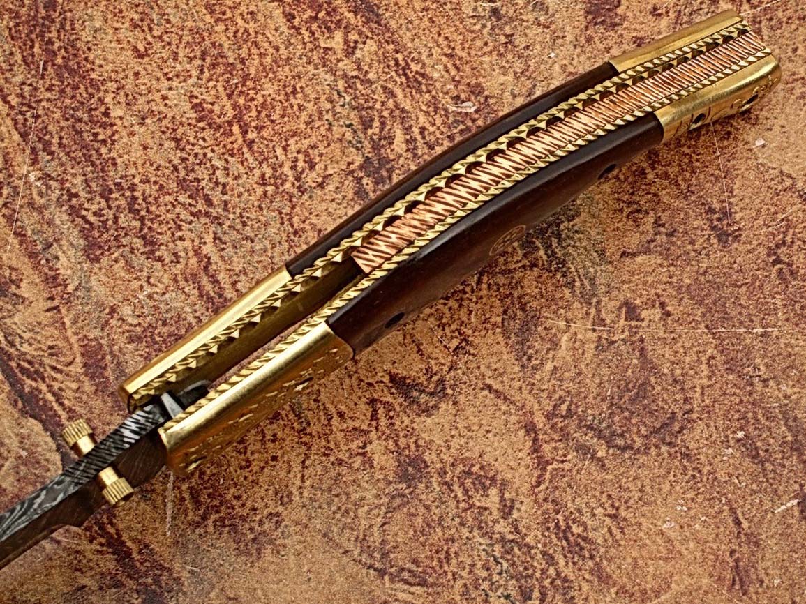 Executive Series Baekelite ENGRAVED Clip-Point Folding Damascus Knife Solid Brass Bolstered
