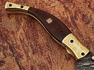 Executive Series Baekelite ENGRAVED Clip-Point Folding Damascus Knife Solid Brass Bolstered