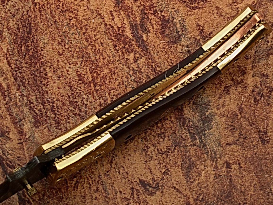 Executive Series Baekelite ENGRAVED Clip-Point Folding Damascus Knife Solid Brass Bolstered