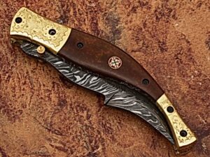 Executive Series Baekelite ENGRAVED Clip-Point Folding Damascus Knife Solid Brass Bolstered
