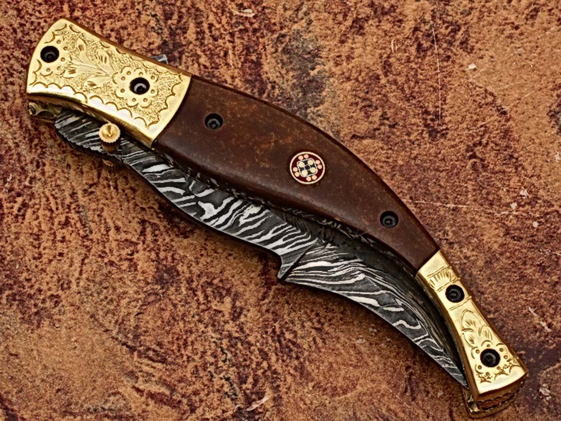 Executive Series Baekelite ENGRAVED Clip-Point Folding Damascus Knife Solid Brass Bolstered