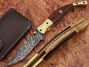 Executive Series Baekelite ENGRAVED Clip-Point Folding Damascus Knife Solid Brass Bolstered