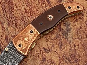 Executive Series Bakelite Folding Damascus Knife Solid Brass ENGRAVED Bolster