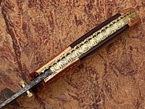 Executive Series Bakelite Folding Damascus Knife Solid Brass ENGRAVED Bolster
