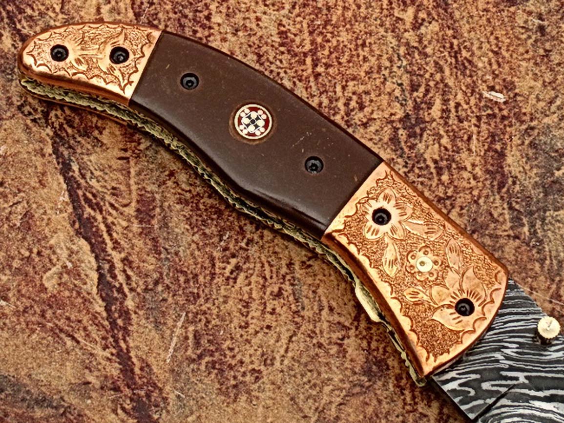 Executive Series Bakelite Folding Damascus Knife Solid Brass ENGRAVED Bolster