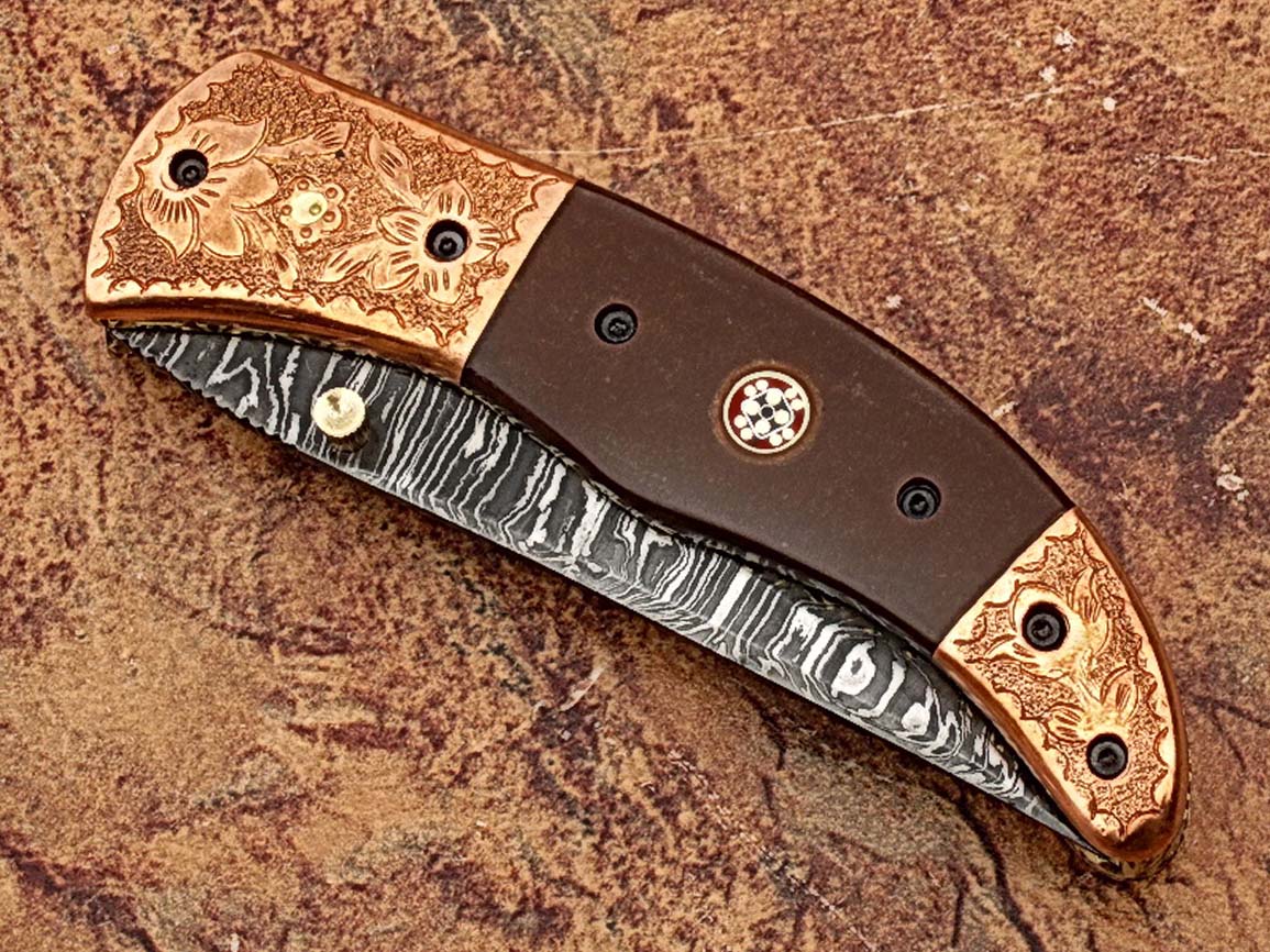 Executive Series Bakelite Folding Damascus Knife Solid Brass ENGRAVED Bolster